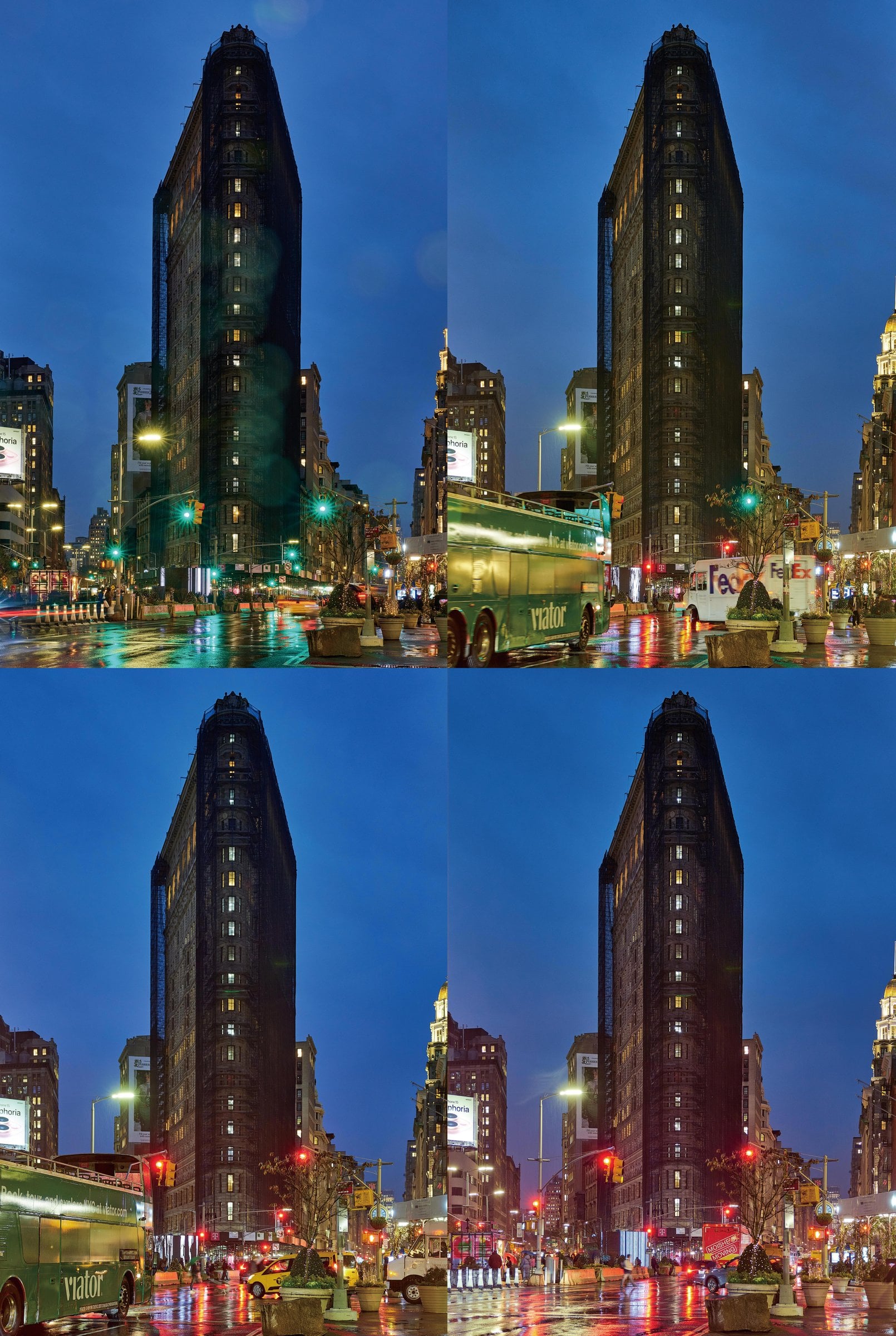 Four panels of a narrow building above traffic and wet streets