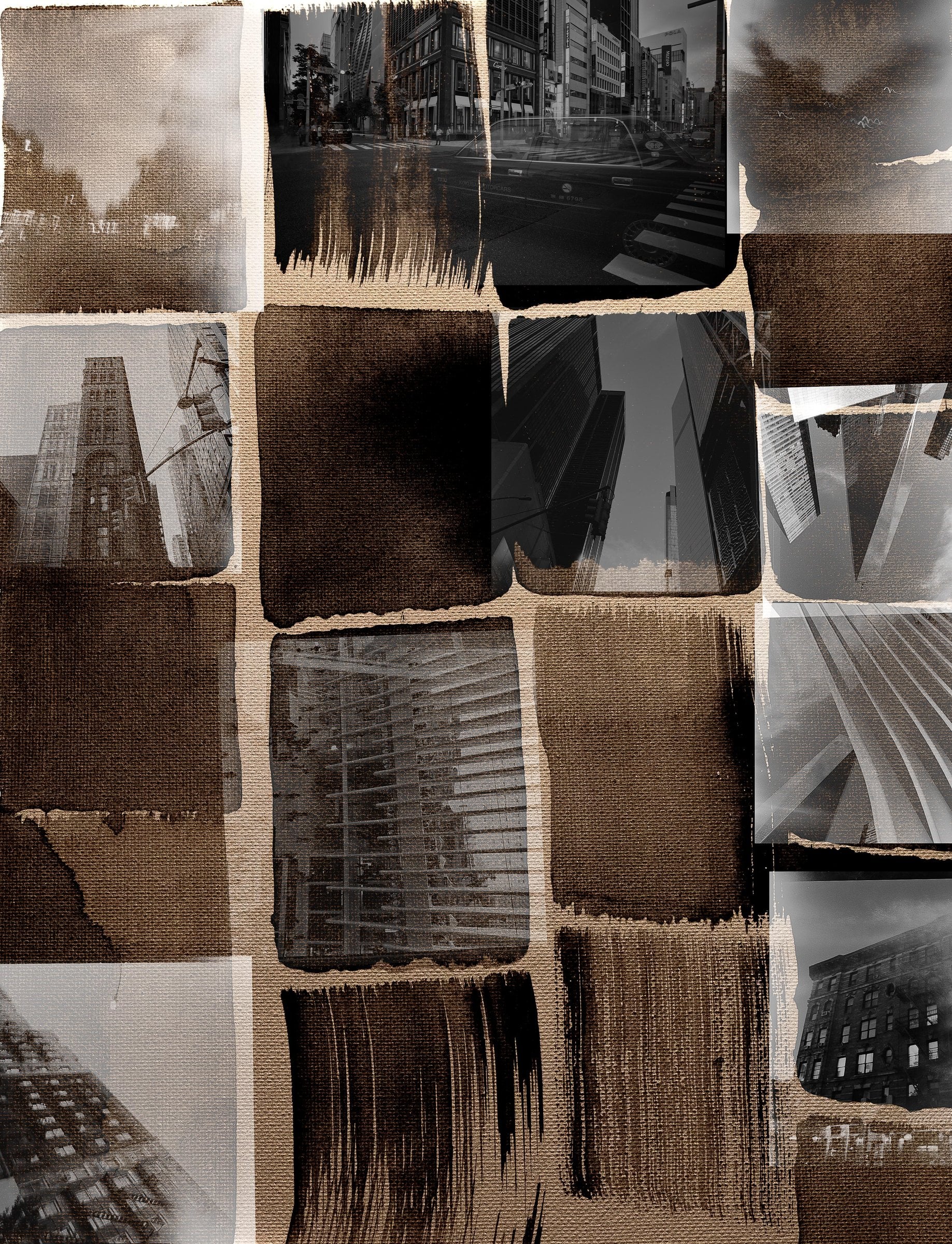 City streets and towers layered over dark rectangular brush marks