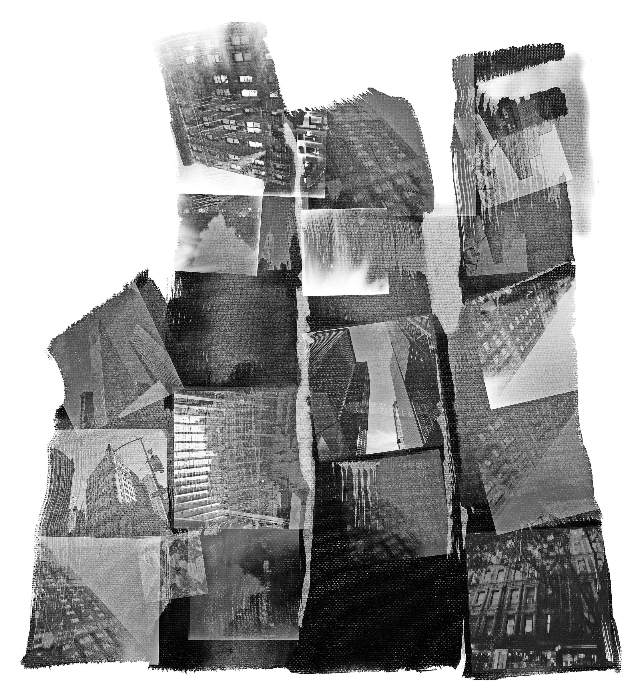 Black and white buildings layered in tall columns on white